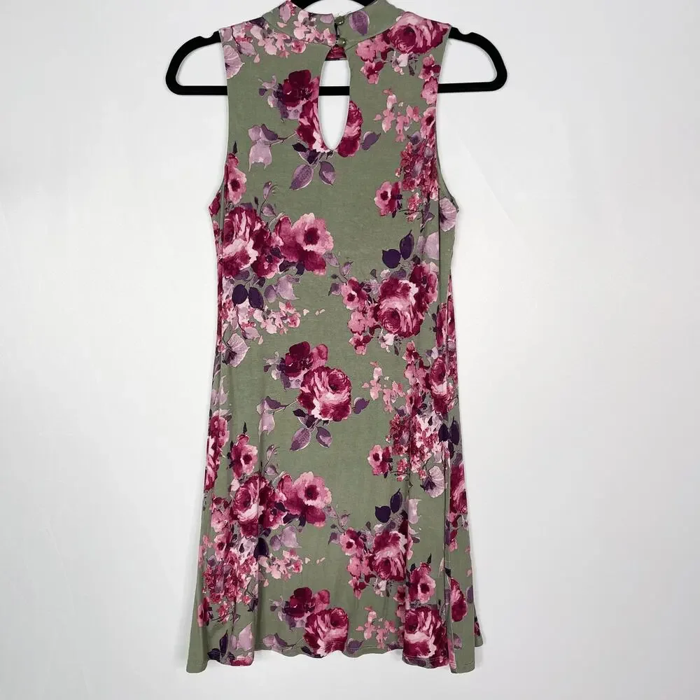 Francescas Alya XS Sage Green Pink Red Floral Keyhole Knit Dress Summer ALine
